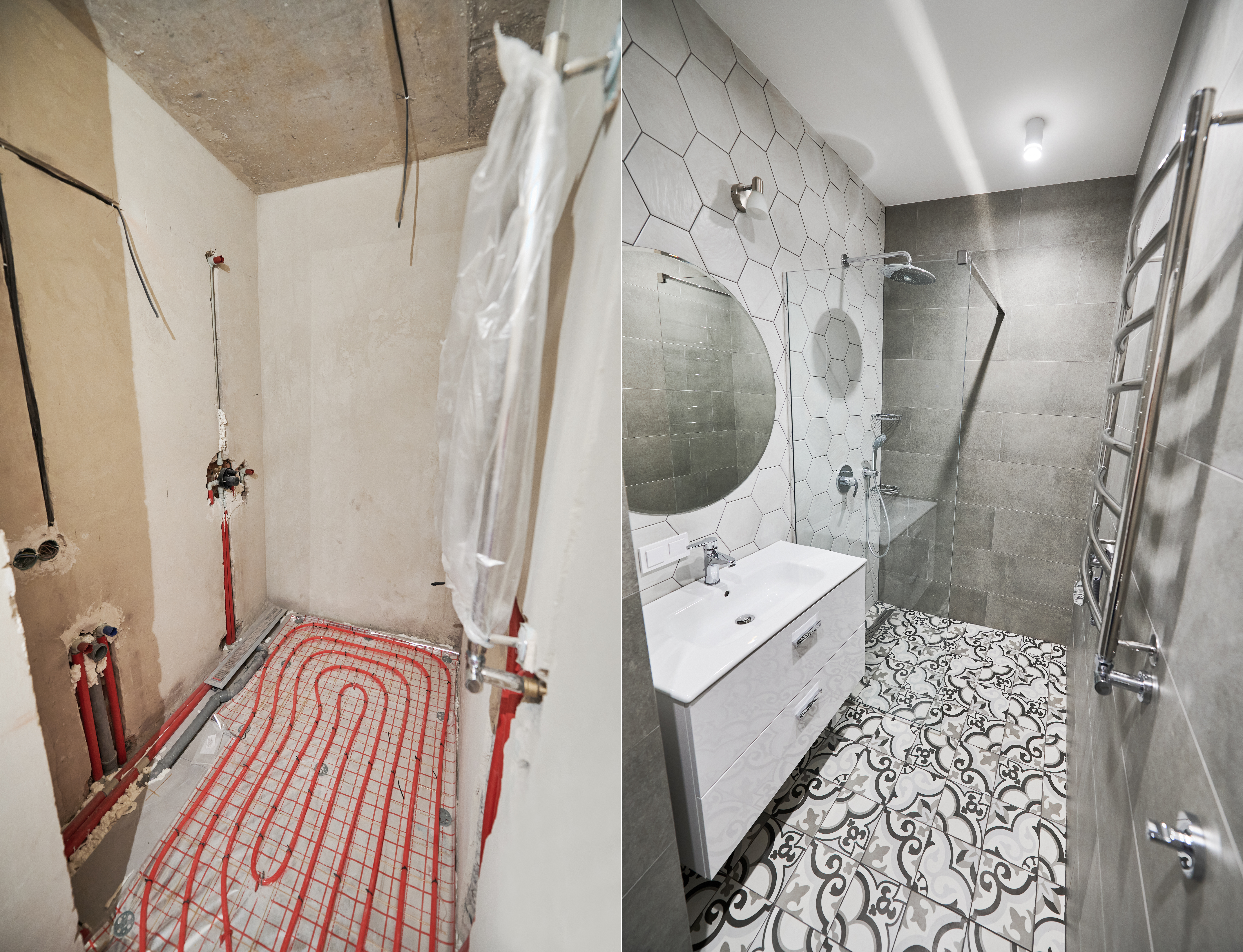 bathroom with heated floor before and after renovation.
