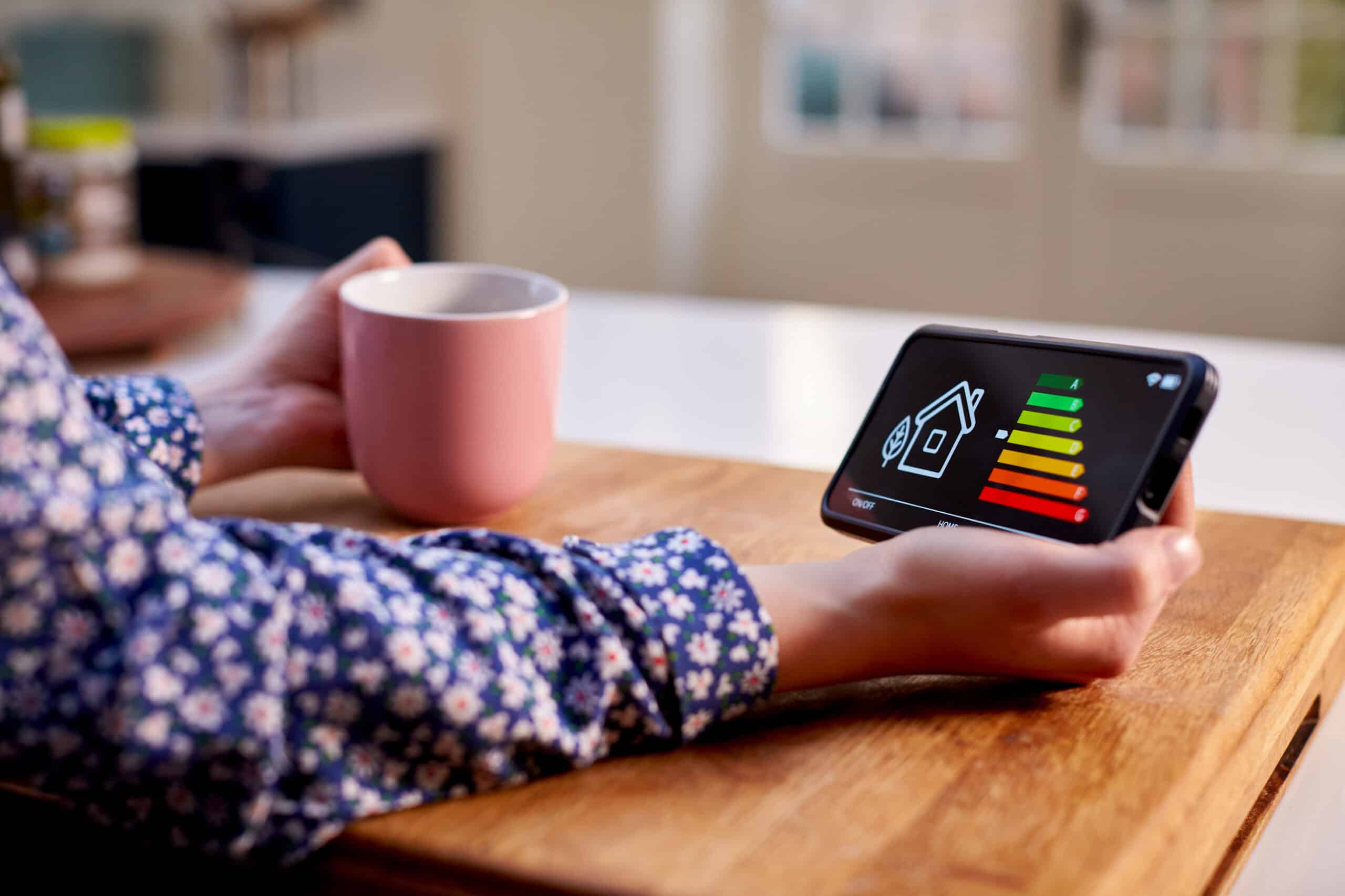 close up of woman holding smart energy meter in kitchen measuring energy efficiency