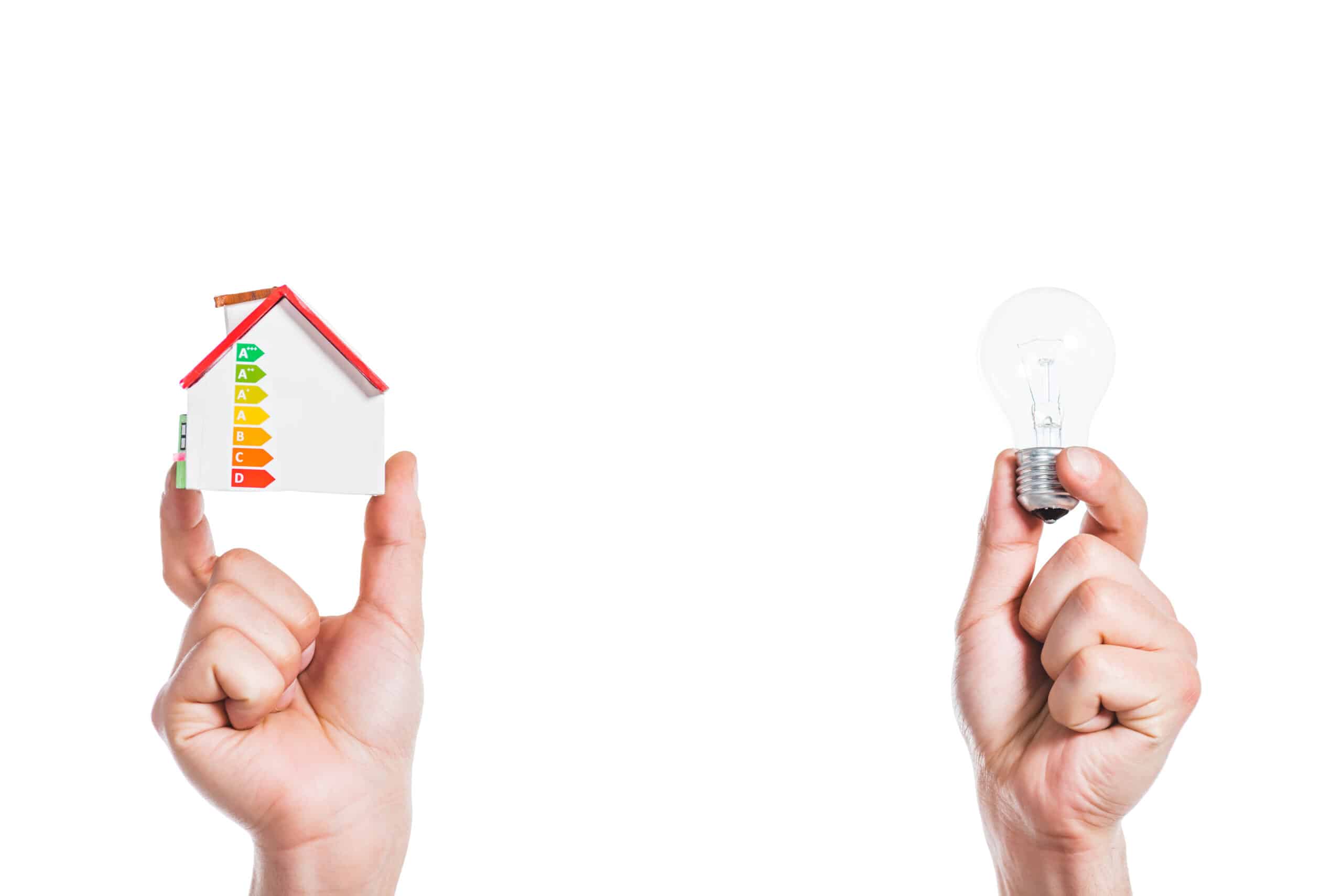 cropped view of male hands holding house model and led lamp in hands isolated on white, energy