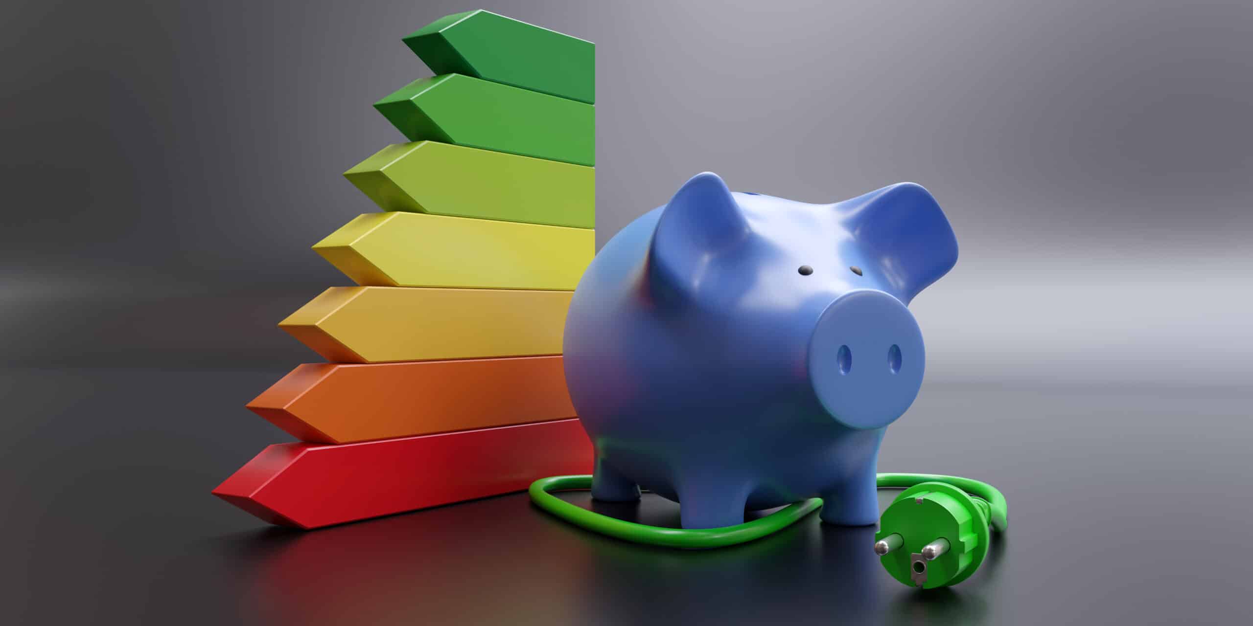 energy efficiency saving. home electric power green plug, energy class efficiency chart and piggy bank.