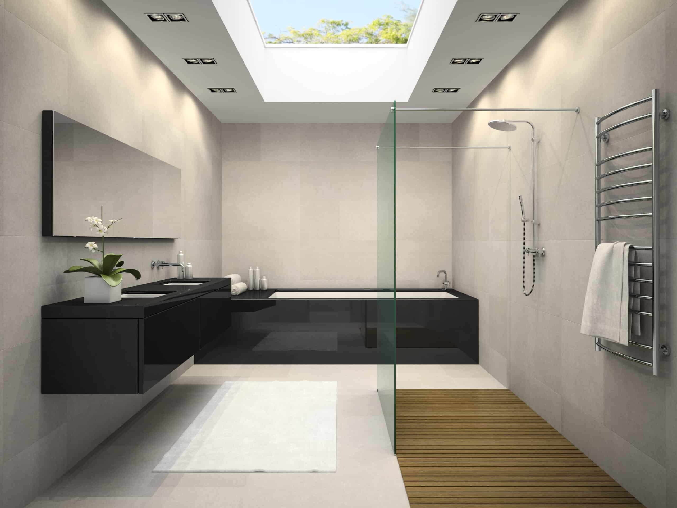 interior of bathroom with ceiling window 3d rendering