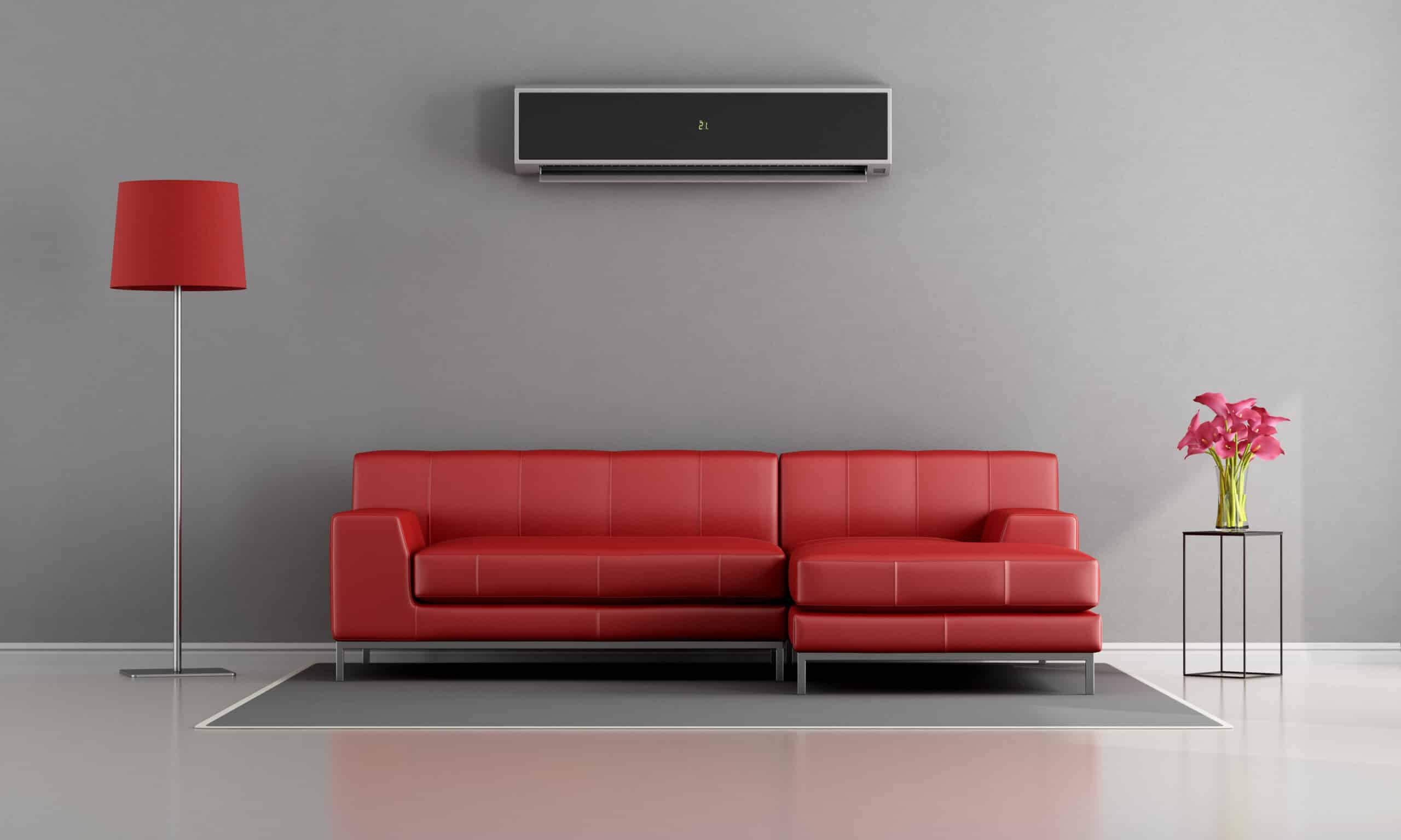 living room with red sofa and air conditioner 3d rendering