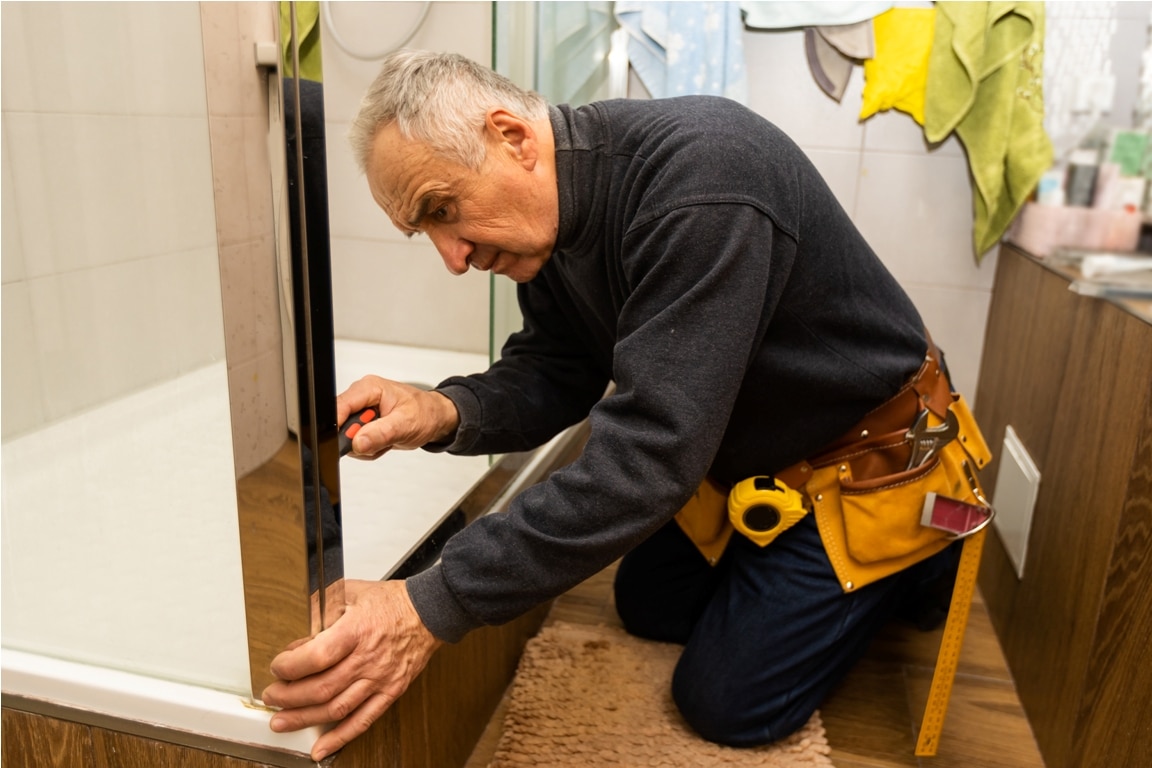 man repairs the shower door in the bathroom a mal 2023 03 21 15 47 44 utc