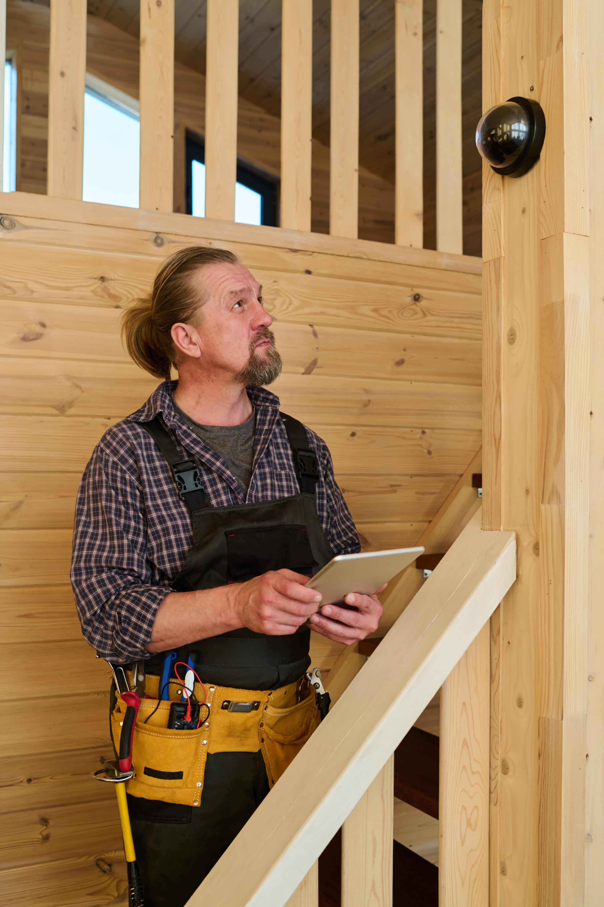 mature fitterman in workwear using tablet and looking at alarm bell