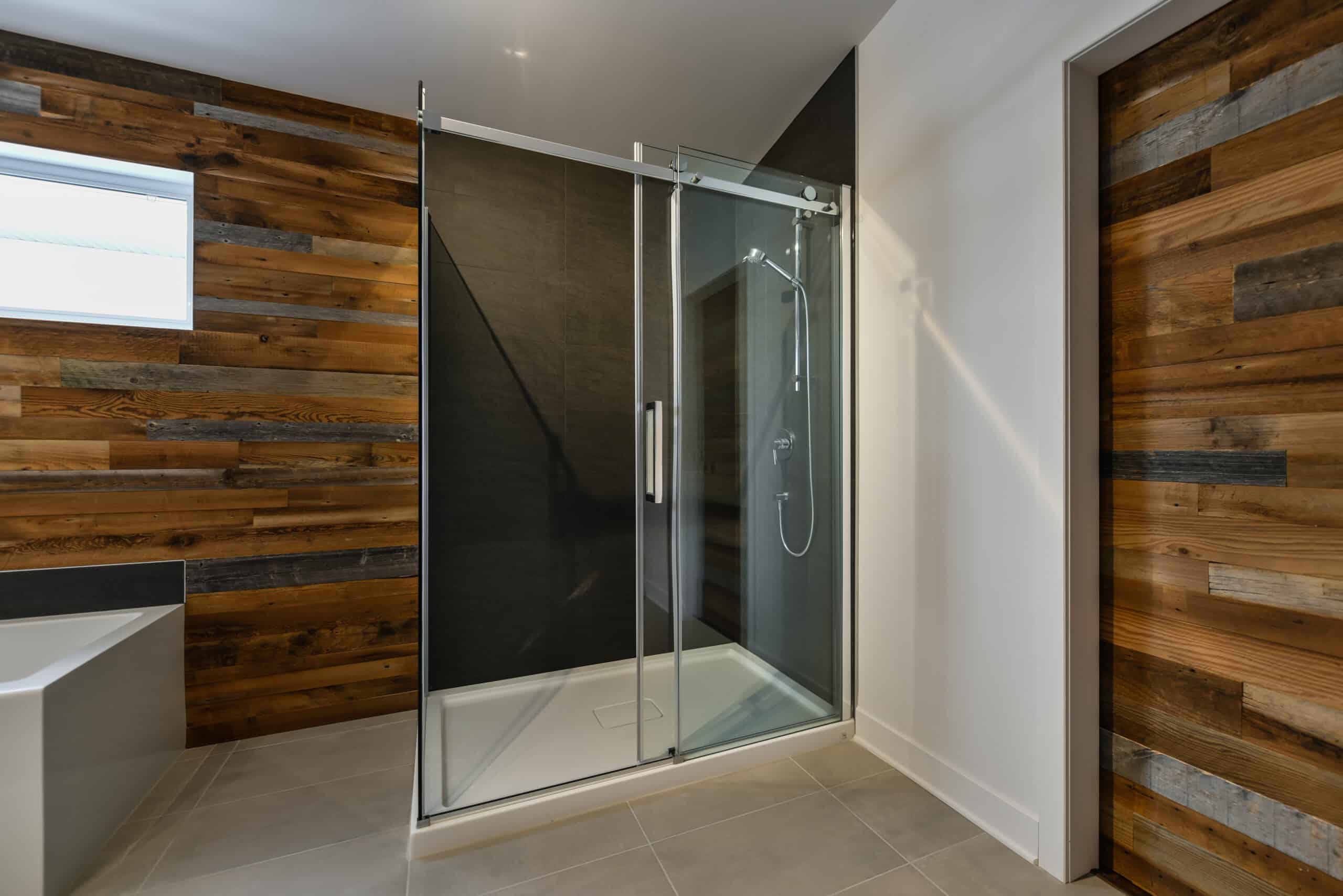 modern bathroom with barn wood