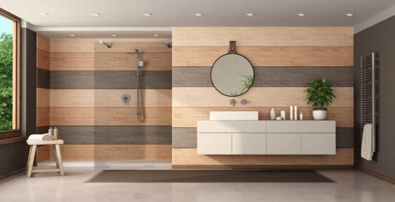 modern wooden bathroom with shower and washbasin