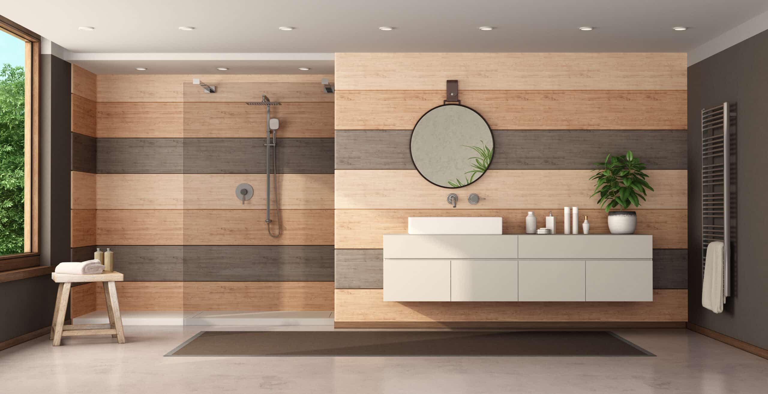 modern wooden bathroom with shower and washbasin