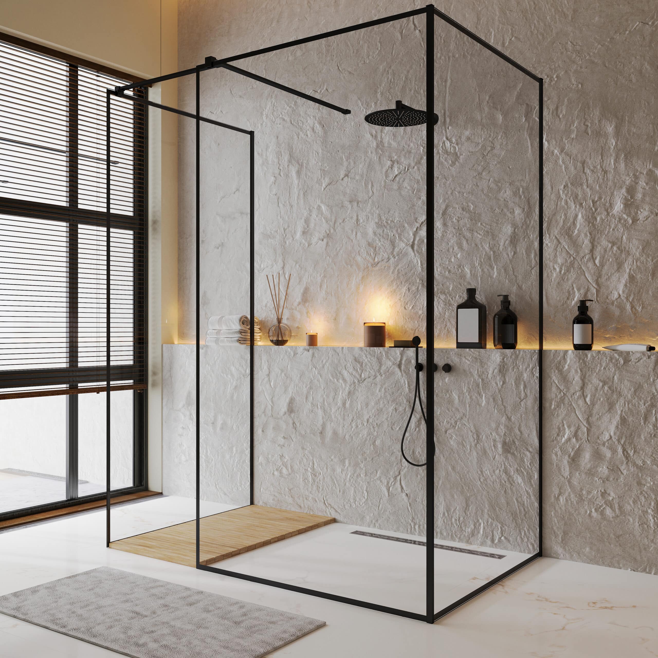 shower cabin in luxury contemporary bathroom interior with decorative walls and tile floor, shelf with cove light and bath accessories, 3d rendering