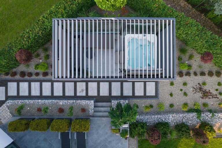 aerial view of garden spa inside the hot tub shelter