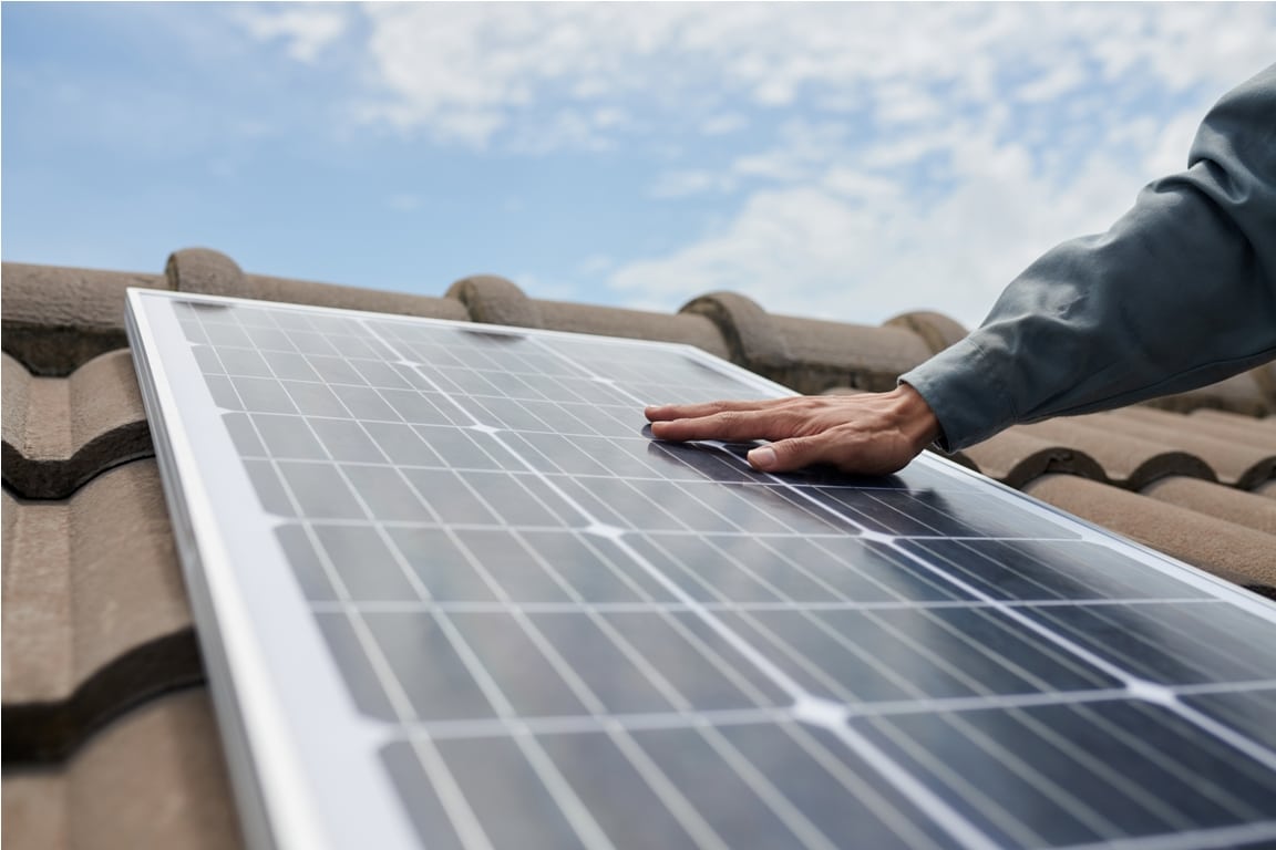 closeup image of contractor in uniform installing solar panel on house roof