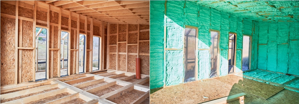 photo collage before and after thermal insulation room in wooden frame house.