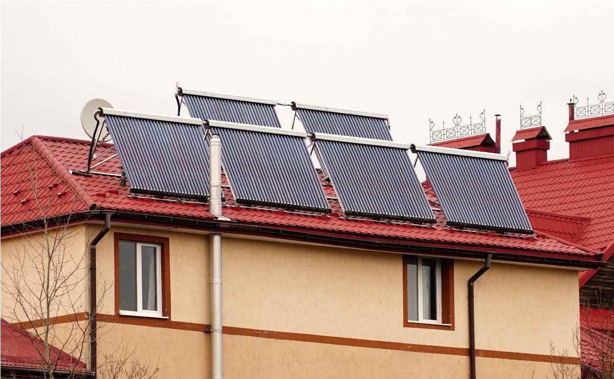 evacuated tube solar collector, low angle detail. water heating batteries