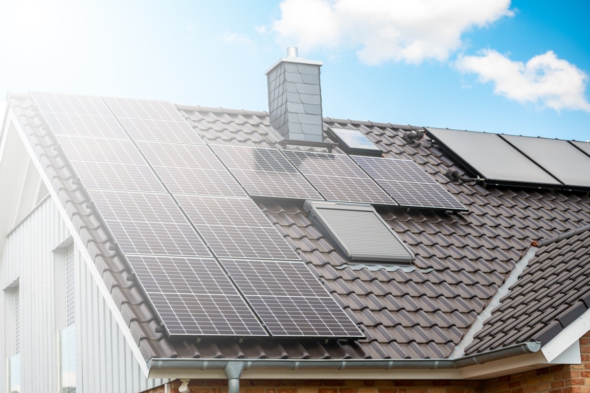 a house roof with solar panel system